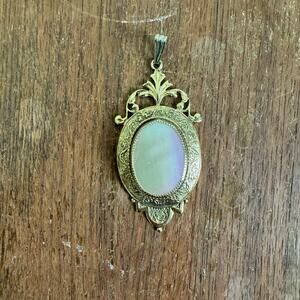 Vintage Large gold tone filigree‎ faux mother of pearl shell necklace pendant